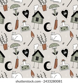 Vector seamless pattern with magic items on grey background. Modern design for fabric and paper, surface textures. 