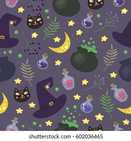 Vector seamless pattern with magic items in cartoon style. Perfect for post cards, prints for Halloween.