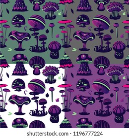 Vector seamless pattern with magic mushroom. Cartoon background. Decorative texture.
