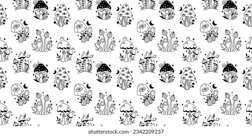Vector seamless pattern with magic mushrooms. Outline fairytale mushrooms and stars. Witchy esoteric seamless pattern. Black mystic mushrooms and leaves on white background.