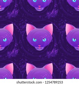 Vector seamless pattern with magic purple meowing cats faces with blue eyes on the dark violet background with brush strokes.