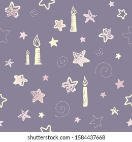 Vector seamless pattern. Magic sky with stars and candles, purple, pink.  for wallpaper, scrapbooking, textile.
