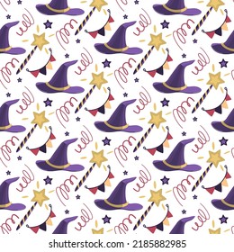 Vector seamless pattern with a magic wand, a wizard's hat, stars, confetti and a garland on a white background. The pattern can be used for Halloween design