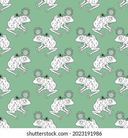 Vector seamless pattern magic witch frog for halloween on green background. Hand drawn black and white outline design for wallpaper, wrapper, backdrop, banner decoration.