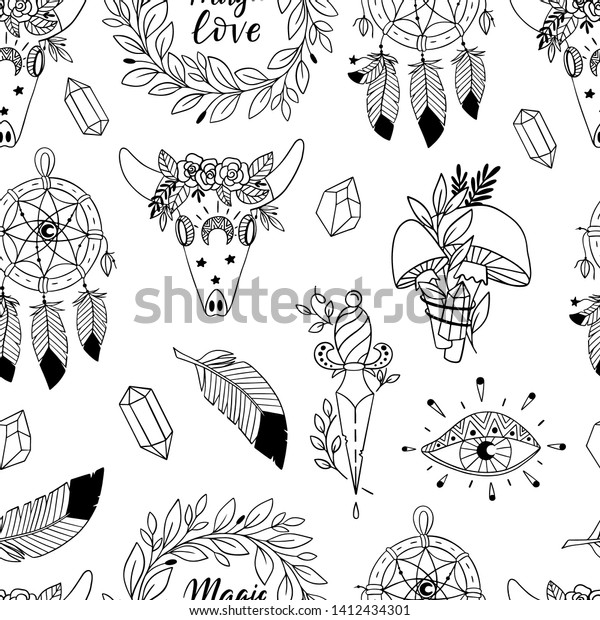 Vector seamless pattern with magic and witchcraft\
elements. Wild magic style design. Great for surface design and\
coloring books. 