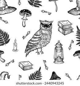 Vector seamless pattern with magical elements such as hat, owl, books, mushrooms, fern, owl. Can be used to design packaging paper, textiles, etc.