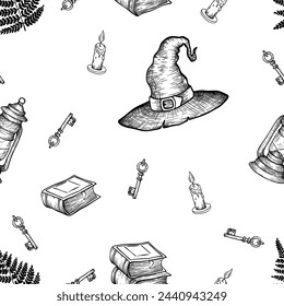 Vector seamless pattern with magical elements such as hat, owl, books, mushrooms, fern, owl. Can be used to design packaging paper, textiles, etc.