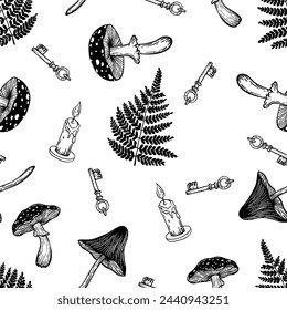 Vector seamless pattern with magical elements such as mushrooms, fern, candle, keys. Can be used to design packaging paper, textiles, etc.