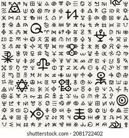 Vector seamless pattern with magical runes and esoteric signs. Abstract monochrome background with black mystical, occult symbols on a light backdrop. Ordered texture with a fictional runic alphabet