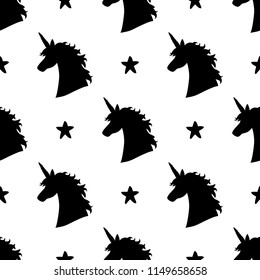 Vector seamless pattern with magical unicorn head silhouettes and stars. Inspirational design for print, banner, poster, fashion.