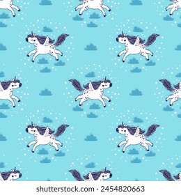 Vector seamless pattern of magical unicorns in the sky among fluffy clouds. Hand drawn illustration of a unicorn and clouds on a blue background