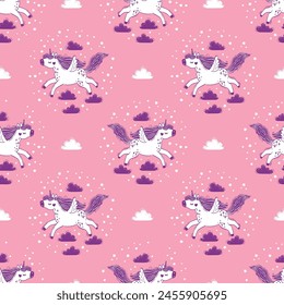 Vector seamless pattern of magical unicorns in the sky among fluffy clouds. Hand drawn illustration of unicorns and clouds on a pink starry sky background