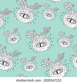 Vector seamless pattern of magical witch cauldron with potion and tentacles for halloween on green background. Hand drawn design for wallpaper, wrapper, backdrop, banner decoration.