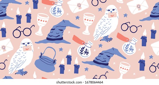 Vector seamless pattern with magician objects - witch hat, candles, goblet, potions bottles, eyeglasses, magic letter, stars on pink background. Halloween pattern. Perfect for kids textile, clothing