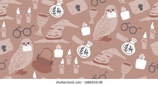 Vector seamless pattern with magician objects - witch hat, candles, goblet, potions bottles, eyeglasses, owl, magic letter, stars on brown. Halloween pattern. Perfect for kids textile, clothing