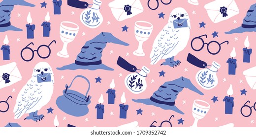 Vector seamless pattern with magician objects - witch hat, candles, goblet, potions bottles, eyeglasses, magic letter, stars on pink background. Halloween pattern. Perfect for kids textile, clothing