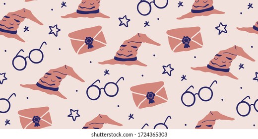 Vector seamless pattern with magician objects - witch hat, magic letter, eyeglasses, stars. Halloween pattern. Perfect for kids textile, clothing