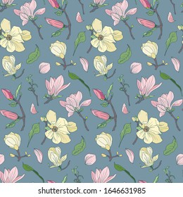 Vector seamless pattern with magnolia flowers and leaves. Flowers in pink and yellow with green leaves and a twig on a gray background. For design, wallpaper, covers, wrapping paper, textiles, fabrics
