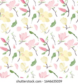 Vector seamless pattern with magnolia flowers and leaves. Flowers in pink and yellow with green leaves and a twig on a white background. For design,wallpaper, covers, wrapping paper, textiles, fabrics