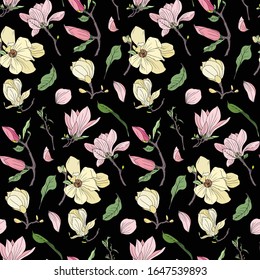 Vector seamless pattern with magnolia flowers and leaves. Flowers in pink and yellow with green leaves and a twig on a black background.For design, wallpaper, covers, wrapping paper, textiles, fabrics