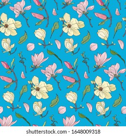 Vector seamless pattern with magnolia flowers and leaves. Flowers in pink and yellow with green leaves and a twig on a blue background. For design, wallpaper, covers, wrapping paper, textiles, fabrics