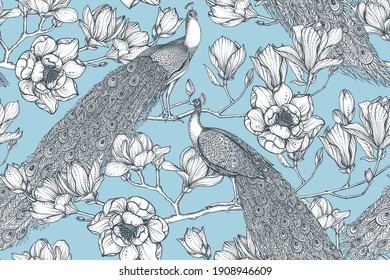 Vector seamless pattern of magnolia flowers, branches and peacocks. Romantic elegant endless background.