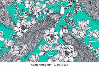 Vector seamless pattern of magnolia flowers, branches and peacocks. Romantic elegant endless background.