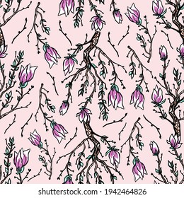 Vector seamless pattern of magnolia tree branch with blossoming flowers. Magnolia flowers on a pink background. Design for printing on paper, wallpaper, textiles, packaging.
