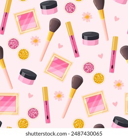 Vector seamless pattern with make up elements includes brushes,lip gloss etc.