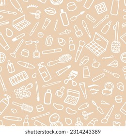 Vector seamless pattern with makeup, beauty elements. Hand drawn, doodle style. Design for wrapping paper, fabric, wallpaper, packaging.