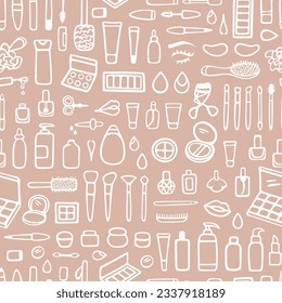 Vector seamless pattern with makeup, beauty elements. Hand drawn, doodle style. Design for wrapping paper, fabric, wallpaper, packaging.