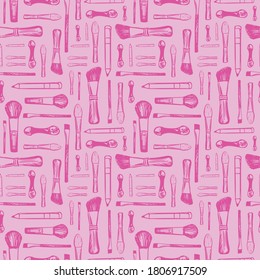 Vector seamless pattern with makeup brushes linear icons. Beauty and skincare concept. Design for fabric, textile print, wrapping paper or web backgrounds in pink and white colors.