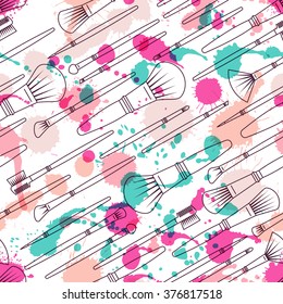 Vector seamless pattern with makeup brushes, watercolor blots and splashes. Beauty and skincare creative concept. Watercolor background for fabric design, textile print, wrapping paper. 