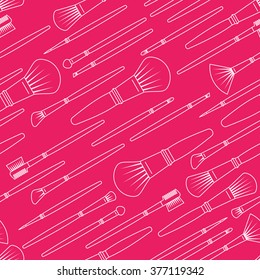 Vector seamless pattern with makeup brushes linear icons. Beauty and skincare concept. Design for fabric, textile print, wrapping paper or web backgrounds in pink and white colors. 
