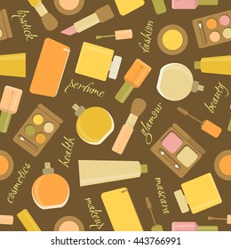 Vector seamless pattern with makeup and cosmetic items, for background and decoration