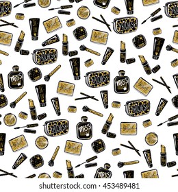 Vector seamless pattern with makeup products: Mascara, perfume,women's purse, lipstick,eye shadows,brush, powder, lip gloss. Fashion background. Cosmetics repeat backdrop.