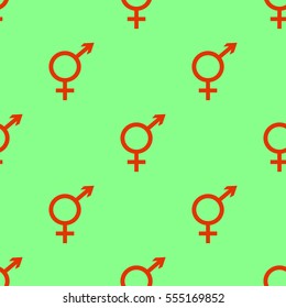 Vector seamless pattern. Male and female symbols on green background. Gender line icons