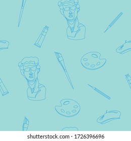 Patrón vectorial sin fisuras con cabeza de yeso macho, cepillos, paleta y tubos. Contorno azul, fondo turquesa