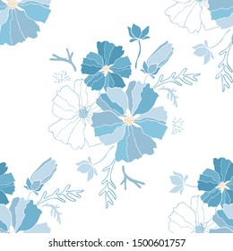 Vector seamless pattern of mallow flowers in garden in blue color. Floral background for textile, shawl design, book and diary covers, wallpapers, print, gift packaging and scrapbook, graphic art, pri