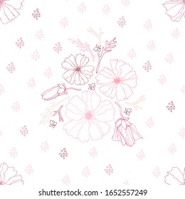 Vector seamless pattern of mallow flowers in garden in pink color. Floral background for textile, shawl design, book and diary covers, wallpapers, print, gift packaging and scrapbook, graphic art
