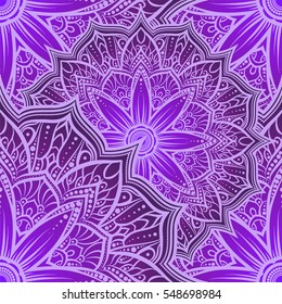 Vector seamless pattern mandala flower in purple , pink and lilac shades. Doodle lace mandala. Vector illustration. Round ornamental geometric doily tracery.