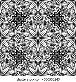 Vector seamless pattern mandala flower on a white background. Monochrome black and white seamless pattern. Doodle lace mandala. Vector illustration. Round ornamental geometric doily tracery.