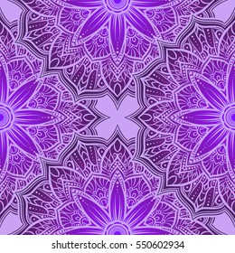 Vector seamless pattern mandala flower in purple , pink and lilac shades. Doodle lace mandala. Vector illustration. Round ornamental geometric doily tracery.