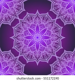 Vector seamless pattern mandala flower in purple , pink and lilac shades. Doodle lace mandala. Vector illustration. Round ornamental geometric doily tracery.