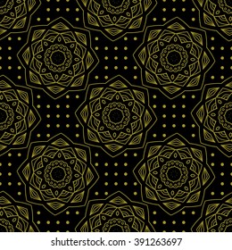 Vector seamless pattern with mandala ornamental elements in gold and black. Repeated tiles inspired arabian motives on dotted background. Could be used for web design, print or textile. 