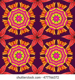 Vector seamless pattern mandala print. Orange ornament on a red background.