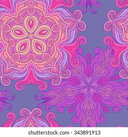 Vector seamless pattern. Mandala round ornament, tribal ethnic arabic Indian style, circular abstract floral pattern on light blue