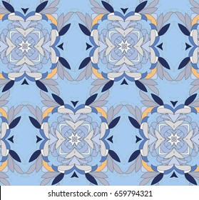 Vector seamless pattern with mandala shape. Vintage colored floral decorative repainting background with boho chic style and ethnic motifs. Abstract geometric flower with round symmetry.
