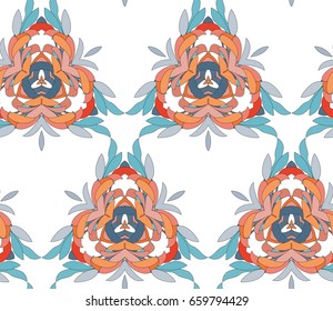 Vector seamless pattern with mandala shape. Vintage colored floral decorative repainting background with boho chic style and ethnic motifs. Abstract geometric flower with round symmetry.