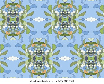 Vector seamless pattern with mandala shape. Vintage colored floral decorative repainting background with boho chic style and ethnic motifs. Abstract geometric flower with round symmetry.